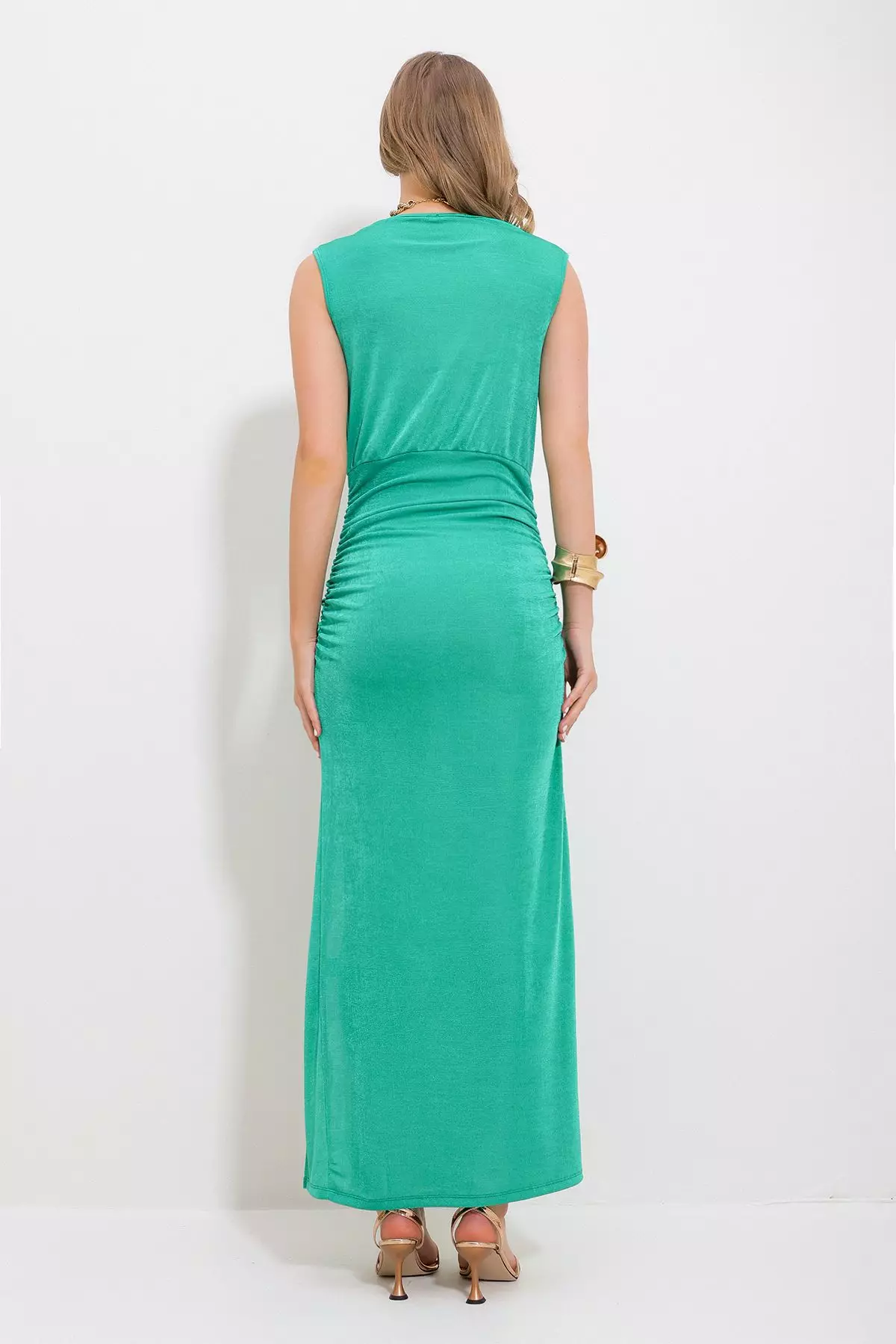 Women's Green Turndown Collar Draped Slit Buzzy Evening Dress Alc-X11850