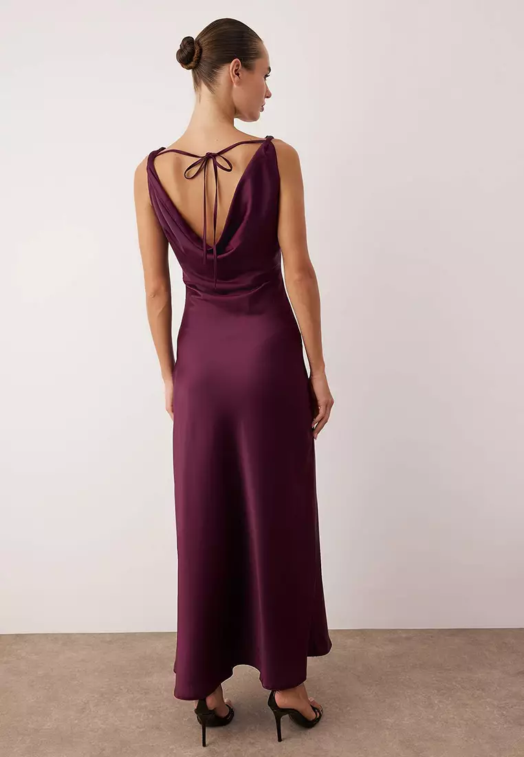 Purple A-Line Degaje Collar Satin Maxi Stylish Dress Tprss25El318