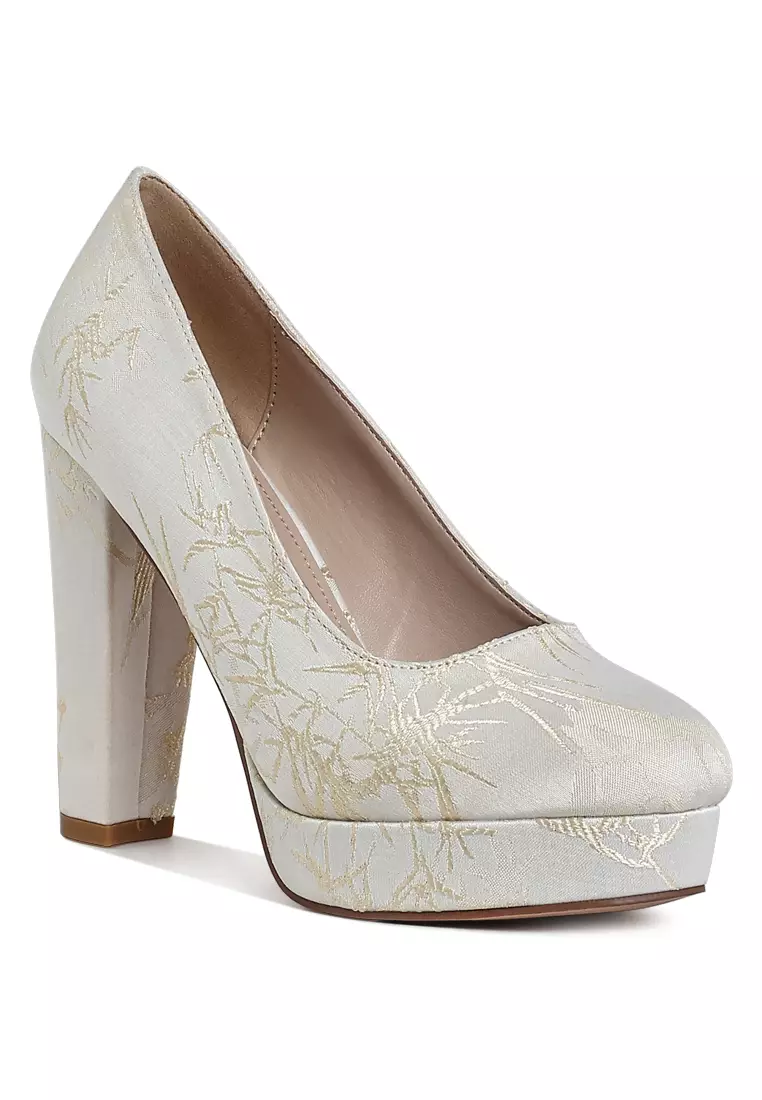 Platform Block Heel Pumps In Beige