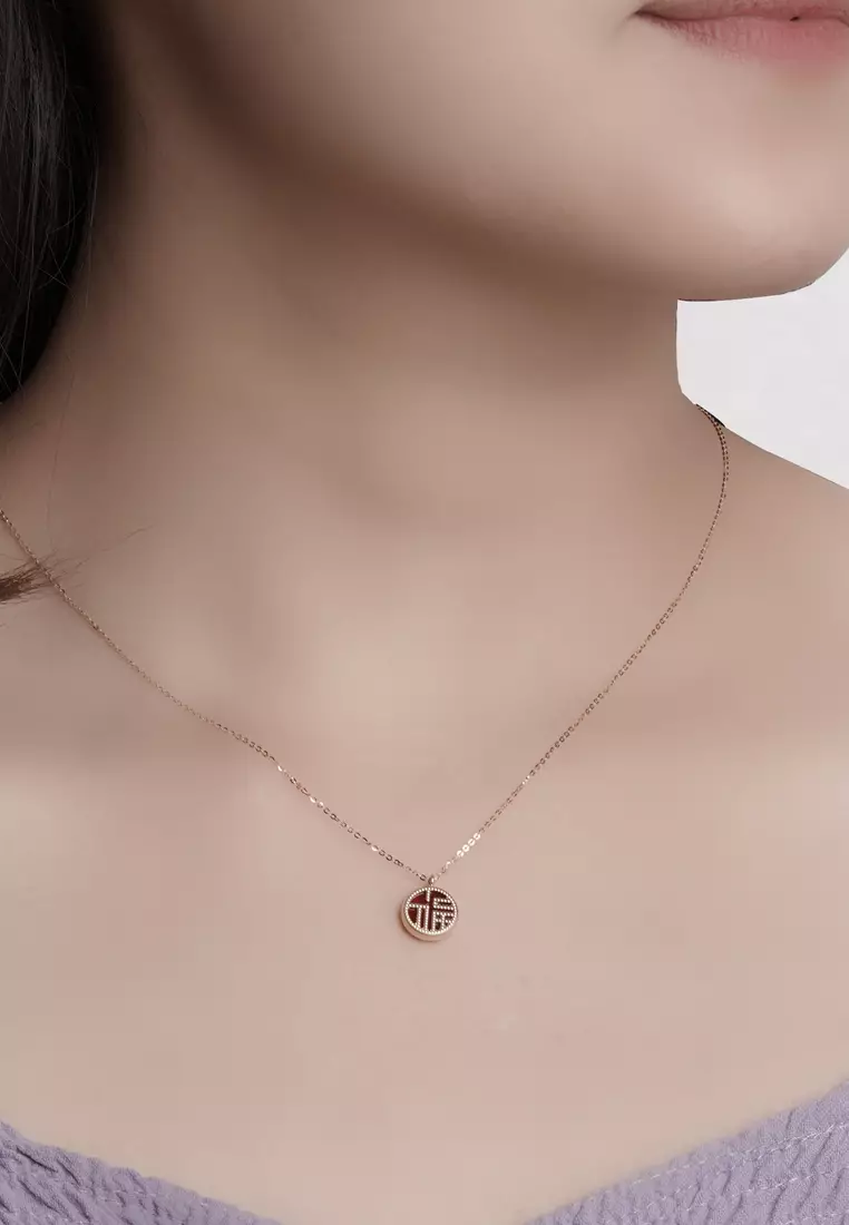 TOMEI 红玉髓福字 Carnelian Fu Necklace, Rose Gold 750