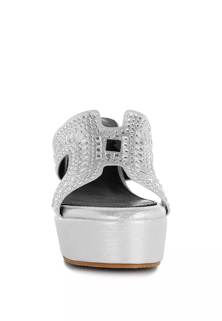 Diamante & Rhinestone Detail Cut-Out Sandals in Silver
