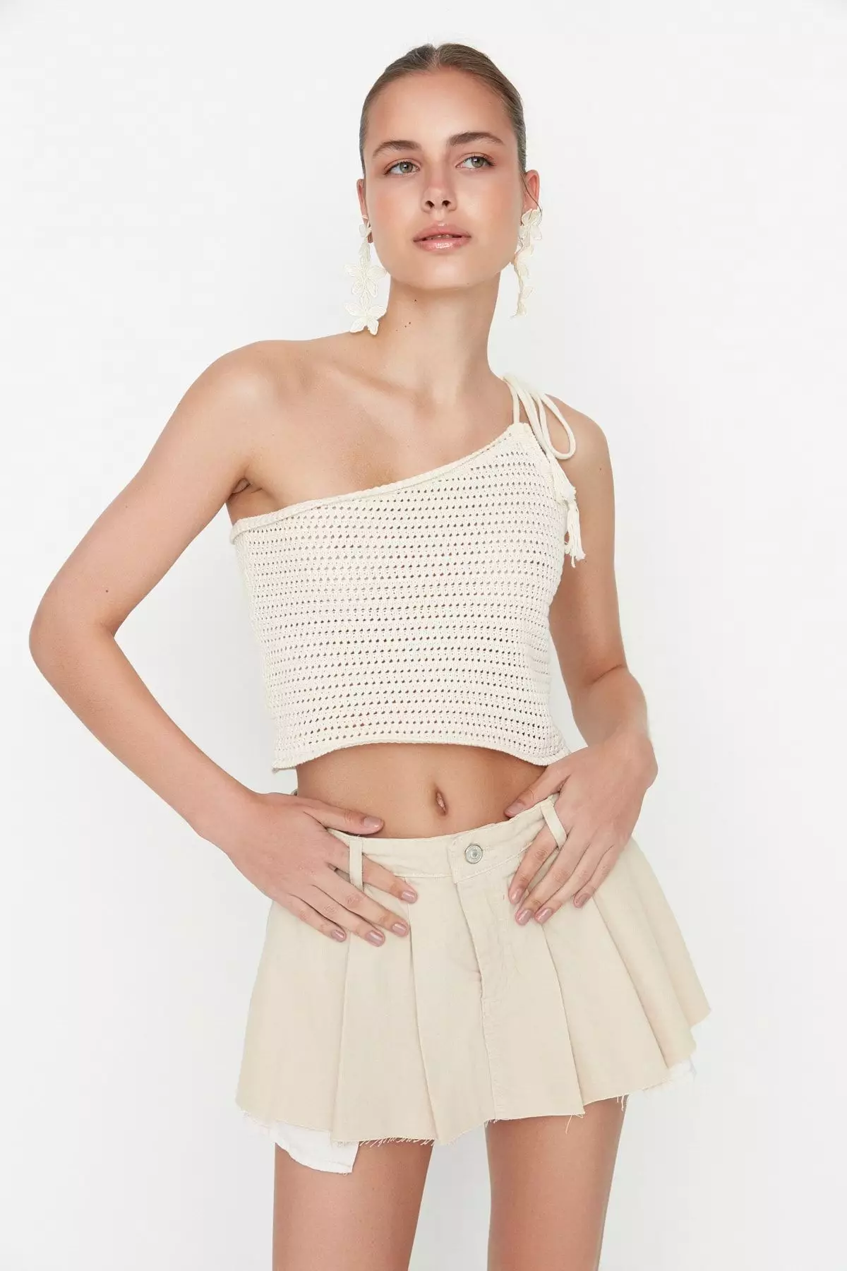 Pleated Denim Shorts Skirt