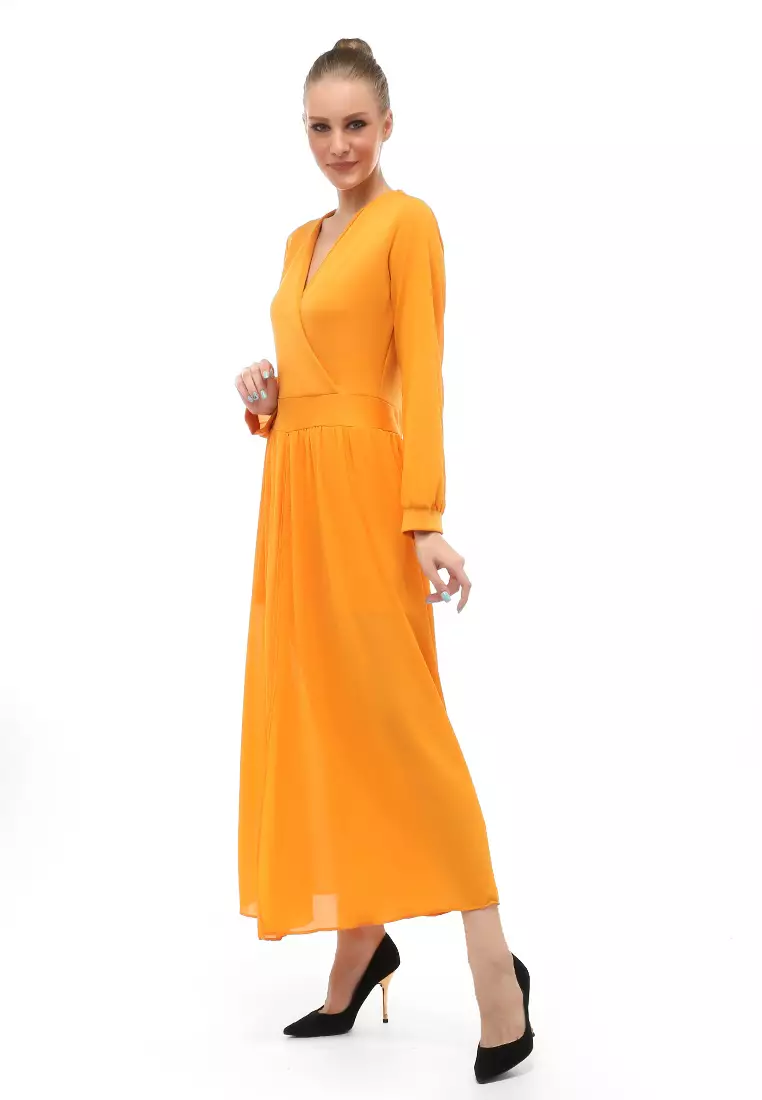 Jumpsuit V-neck Long Sleeves Wanita Motif Solid Relaxed Fit - Kuning