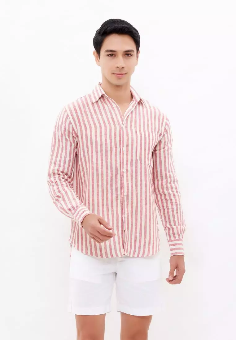Long Splitz Kemeja Linen Lengan Panjang Pria Merah Stripe | Linen Long Sleeve Shirt Men Striped Red