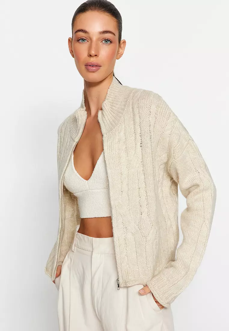 Soft Textured Sweater Cardigan with Zipper and Braids