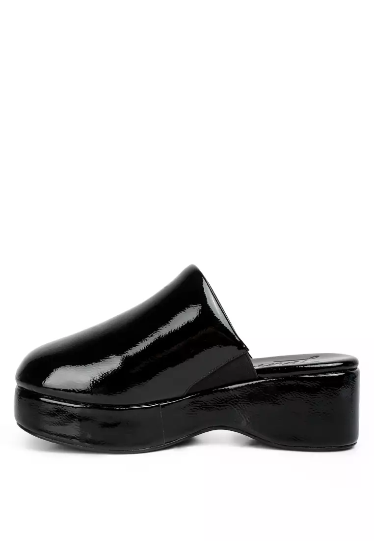 Black Solid Platform Slip On Mules