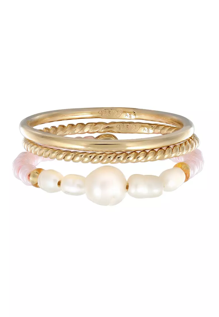 Cincin Perhiasan Perak 925 Wanita Set Mutiara Gold Plated