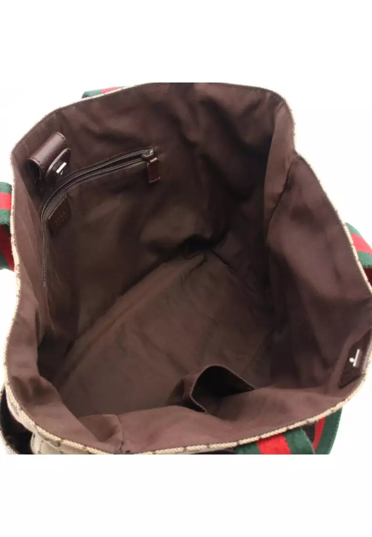 Pre-Loved Gucci sherry line GG canvas Handbag tote bag canvas leather beige Dark brown