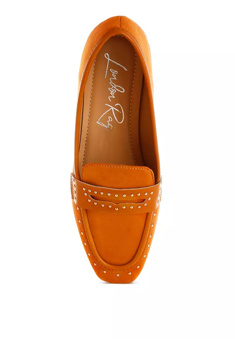 Penny Strap Studded Loafers In Tan
