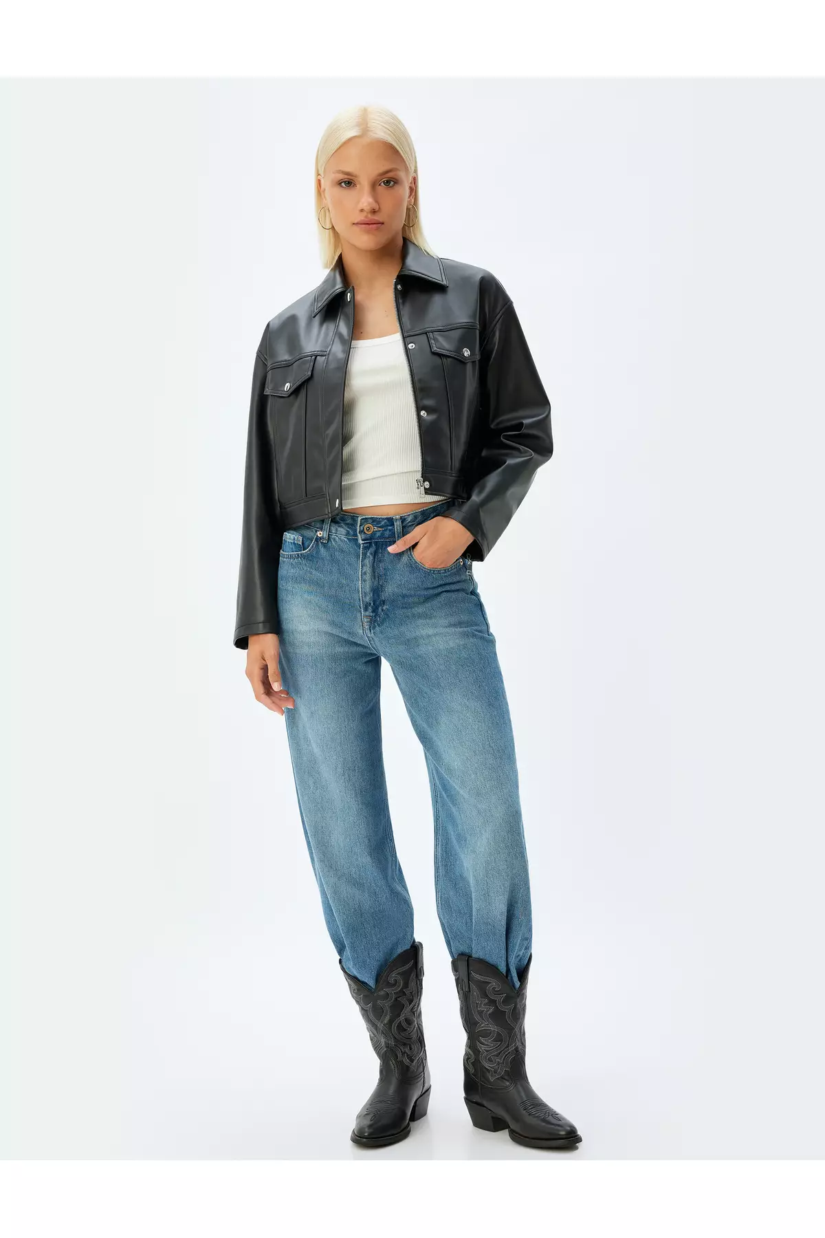 Crop Faux Leather Jacket With Zippered Pockets