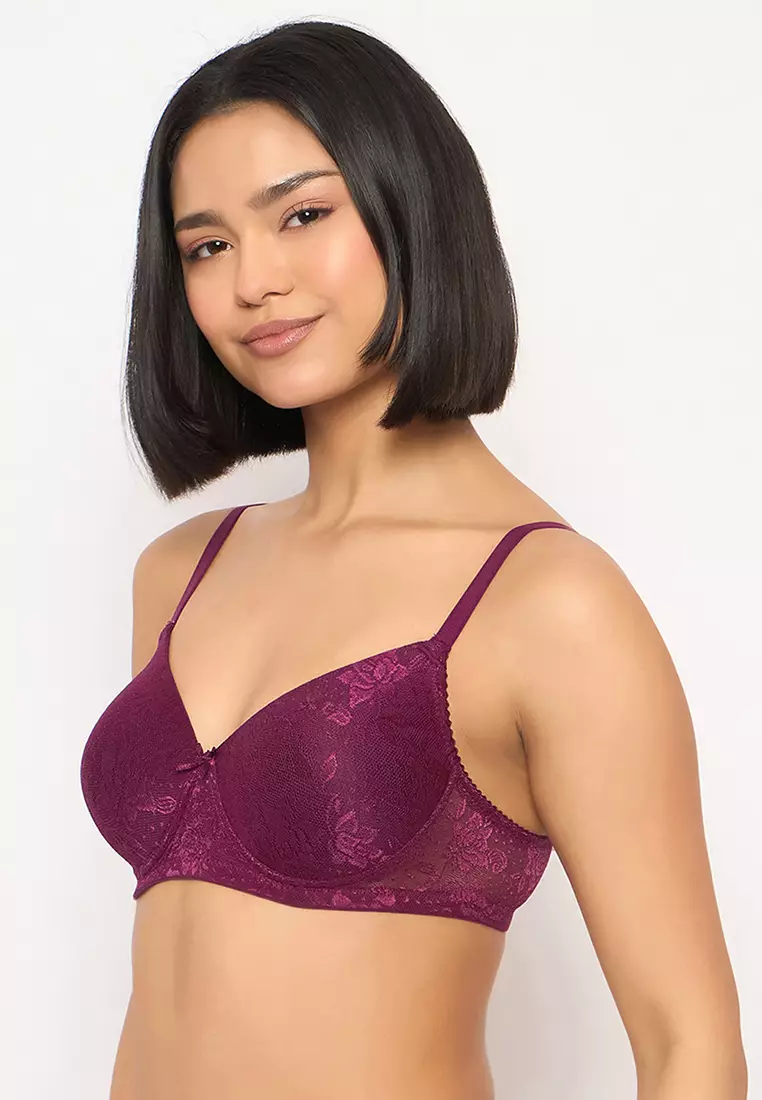 Clovia Lace Padded Non-Wired Full Coverage Bra in Purple