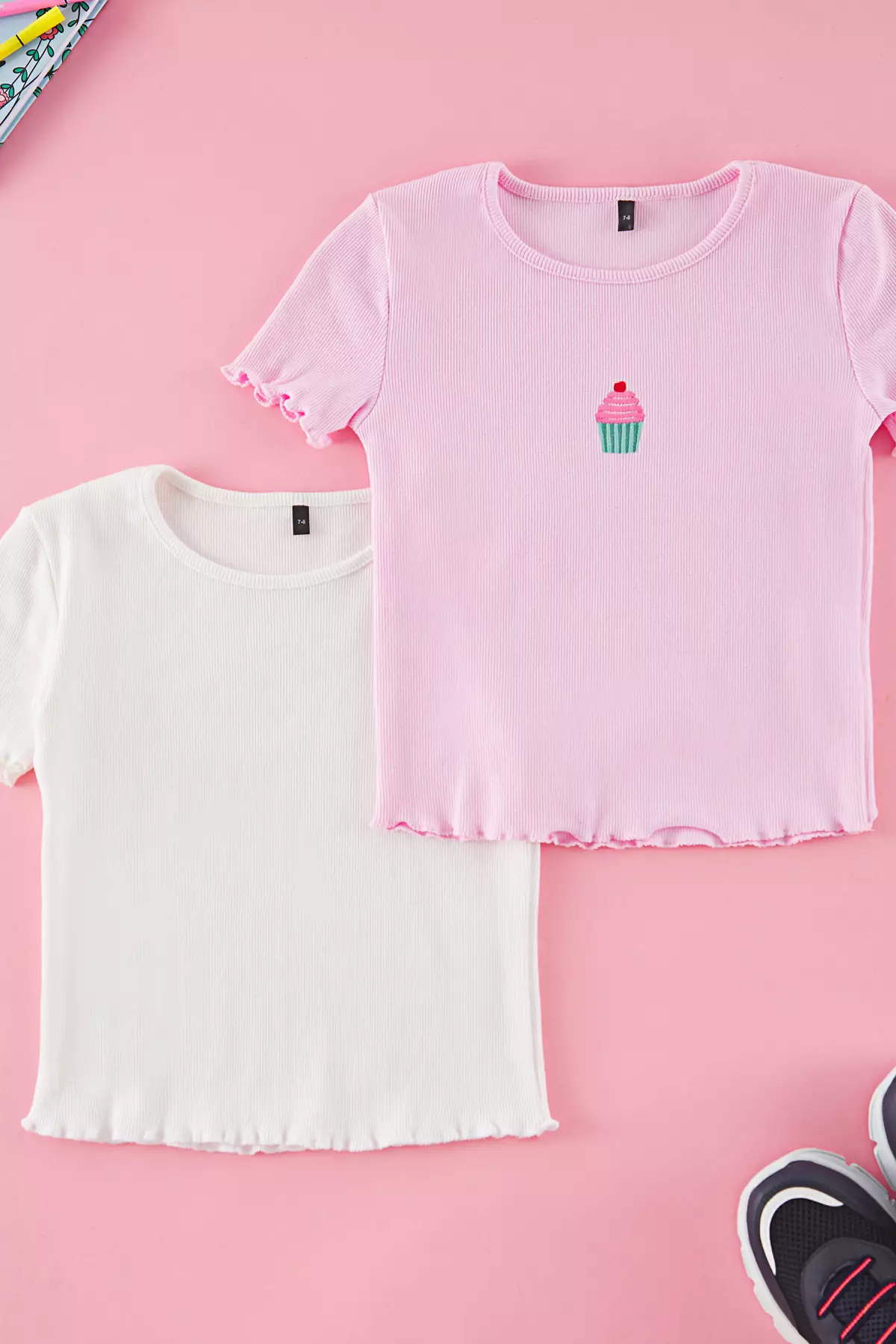 Ecru-Pink Girl'S Crop T-Shirt, Crop Short Sleeve, 2-Pack Cotton Knitted Tkdss25Ts00027