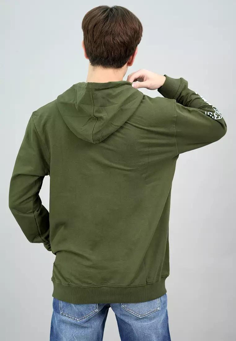 LGS Street - Hoodie Casual Pria Lengan Panjang Warna Hijau Army Motif Sablon - SH.10.H031.019.C