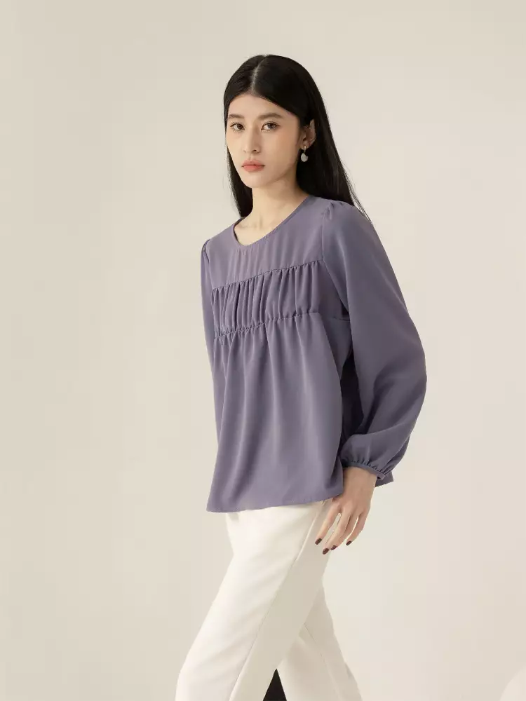 Wrinkle-resistant round neck pleated puff sleeve top [AB19141]