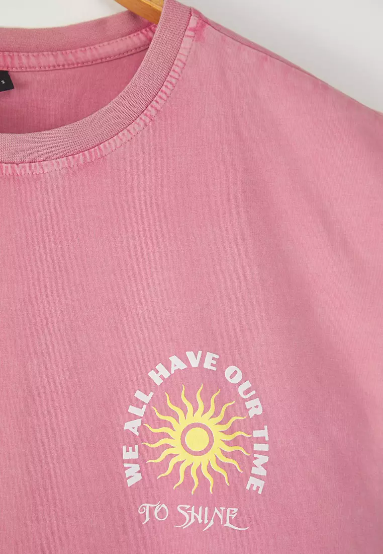 Pale Pink Oversize/Wide Cut Faded Effect Text Print 100% Cotton T-Shirt/Undershirt TMNSS23AL00009