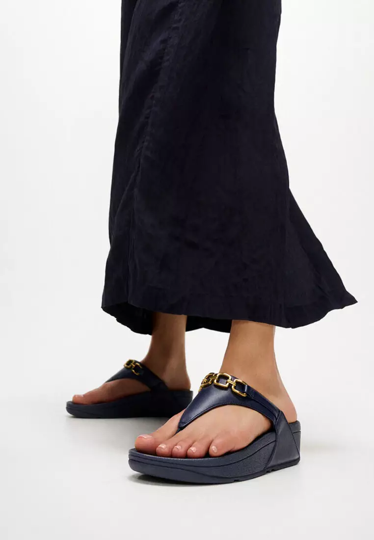 LULU Women's Square-Chain Leather Toe-Post Sandals - Midnight Navy (E1I-399)
