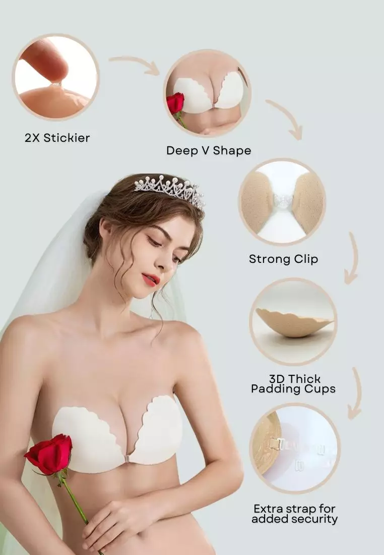 Special Bundle Scallop Thick Push Up Stick On Nubra in White Seamless Invisible Reusable Adhesive Stick on Wedding Bra and Nipple Cover Silicone