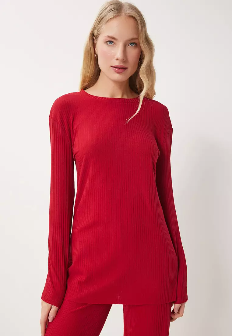 Comfortable Ribbed Knitted Blouse Trousers Set