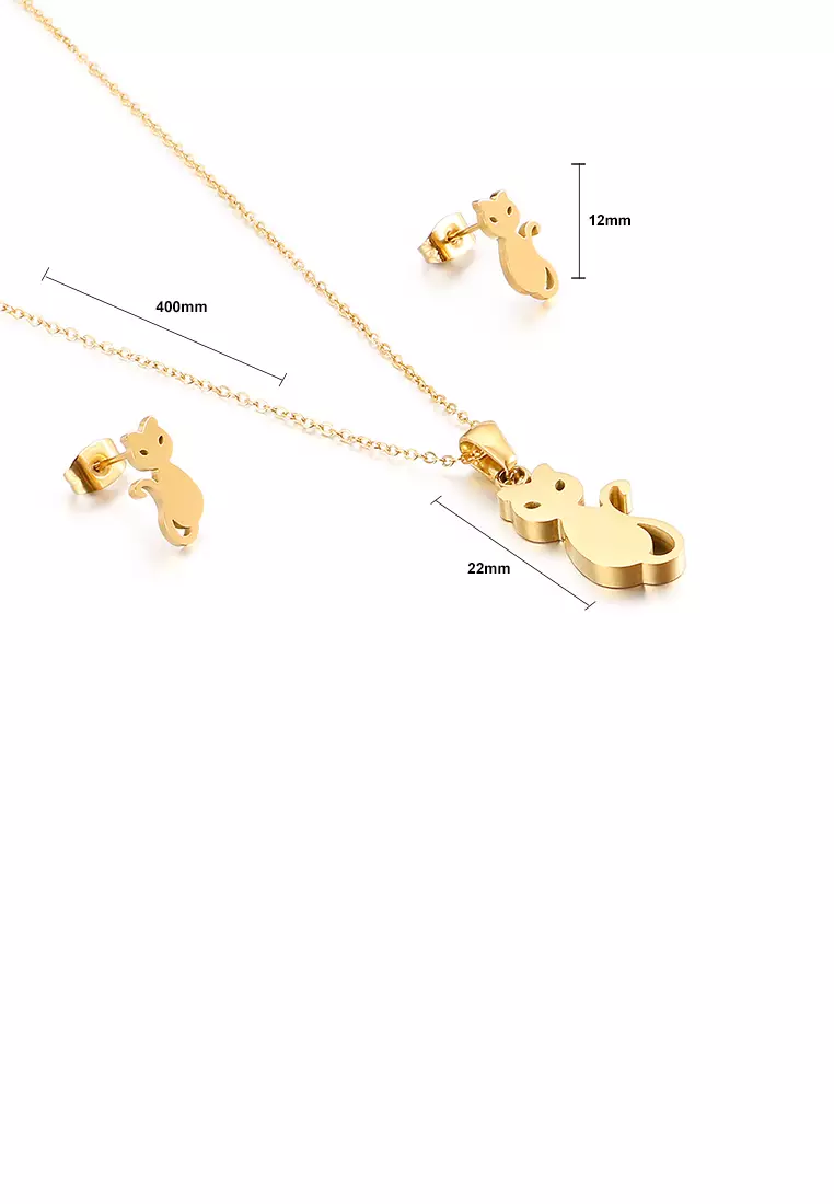 Simple and Cute Plated Gold Cat 316L Stainless Steel Necklace and Stud Earrings Set