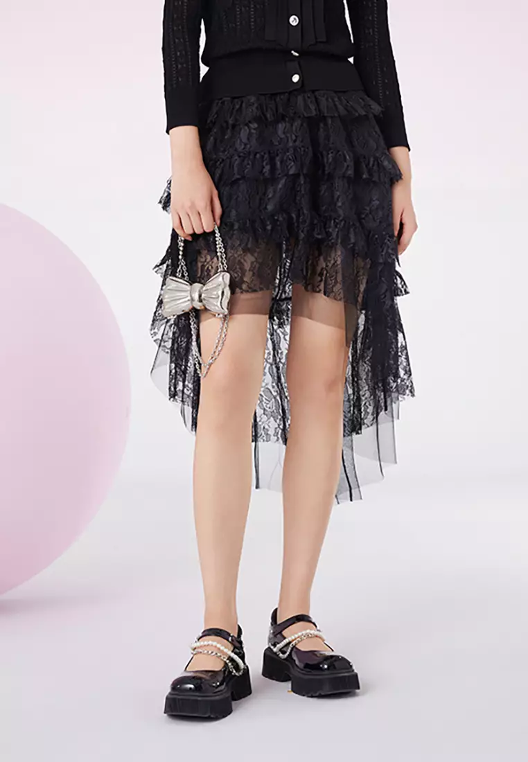 High Waist Mesh Lace Pleated Skirt