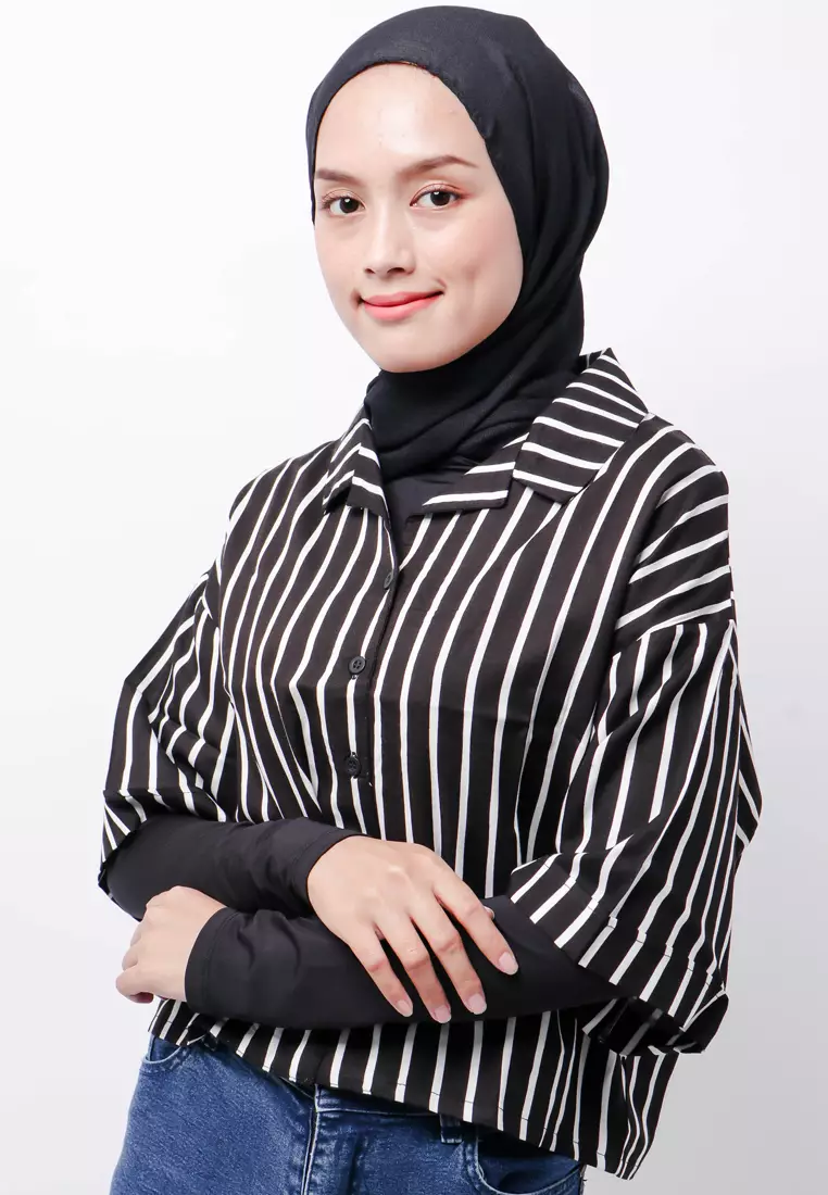 FTA57 Lkm Kemeja Oversize Wanita Tangan Pendek Tripe Putih Hitam