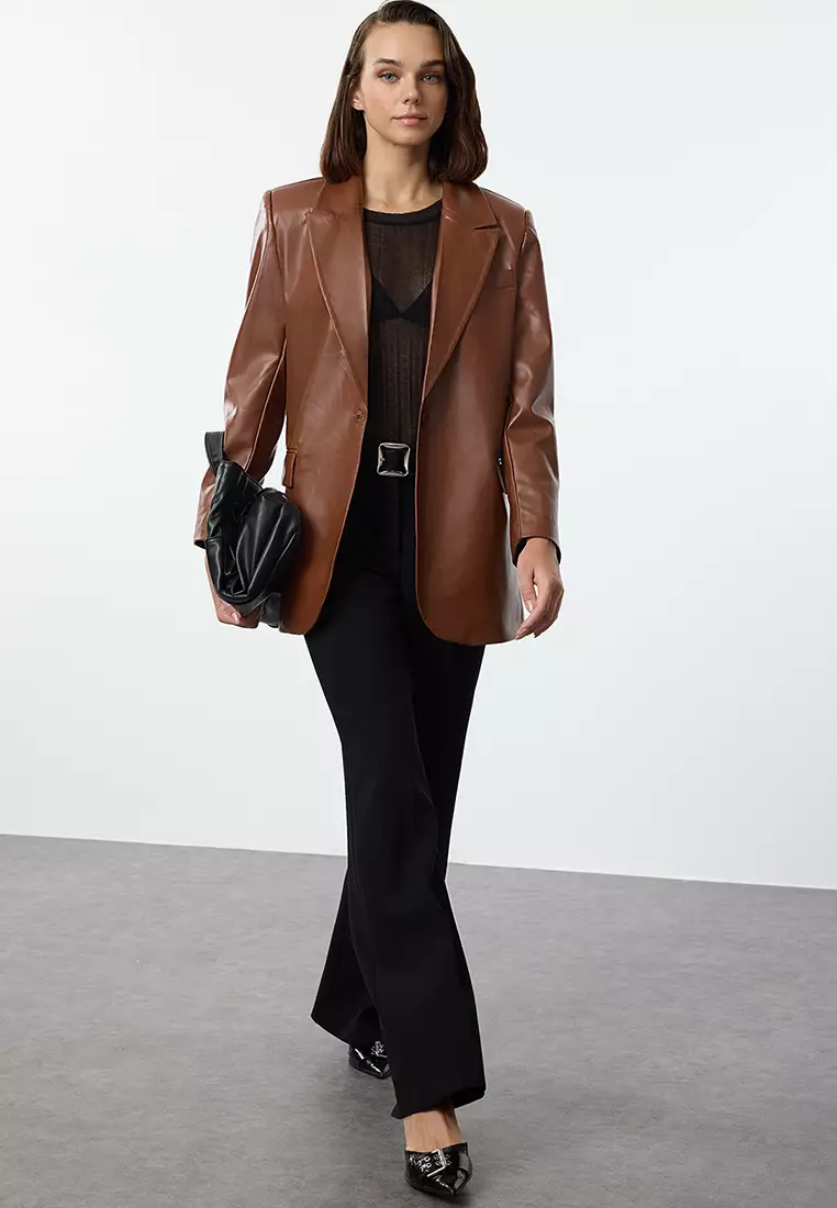Brown Oversize Faux Leather Blazer Jacket