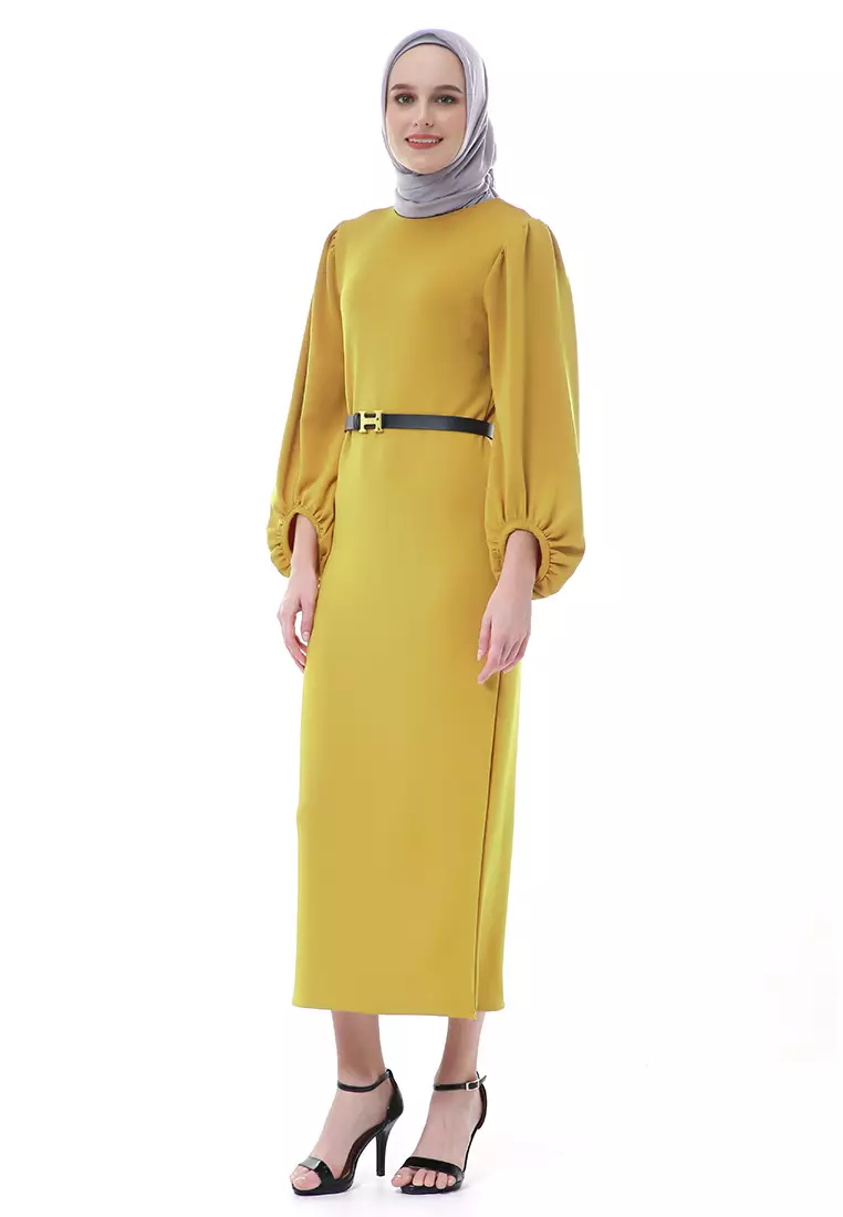 Shima Dress Fashion Muslimah Wanita Long Sleeve Free Belt Premium High Quality - Kuning
