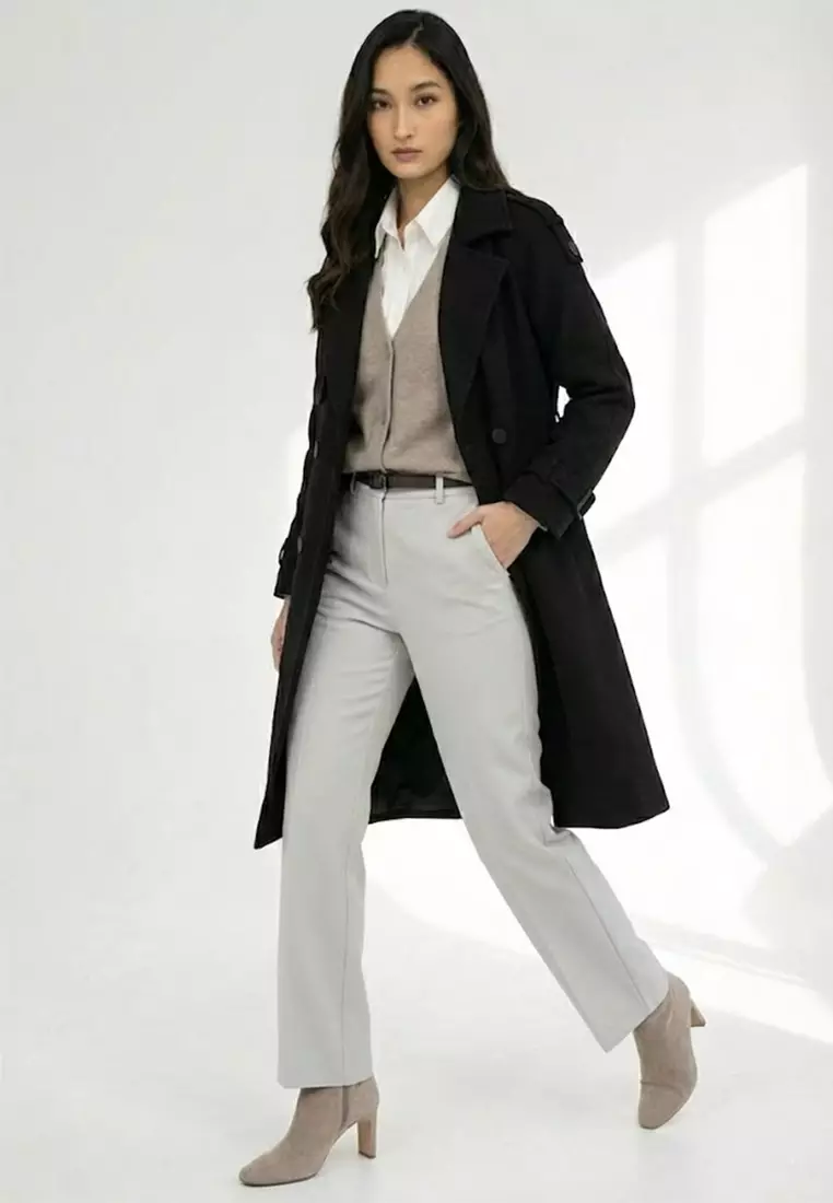 Double Breasted Wool Blend Belted Trench Coat