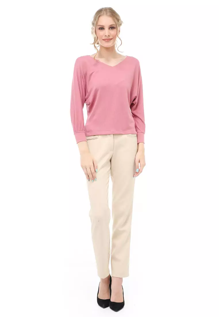 Genevie Shirt Kaos Atasan Kasual Wanita Lengan Panjang Kupu-kupu Material Cotton ORIGINAL - Pink