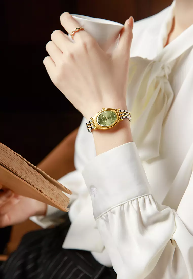 Jam Tangan Wanita Original Oval Korea Elegan Vintage Kuarsa Tali Alloy Jam Tangan CewekA008 gold green