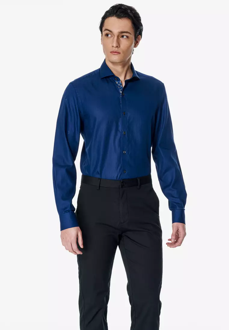 Navy Blue Herringbone Slim Fit Shirt