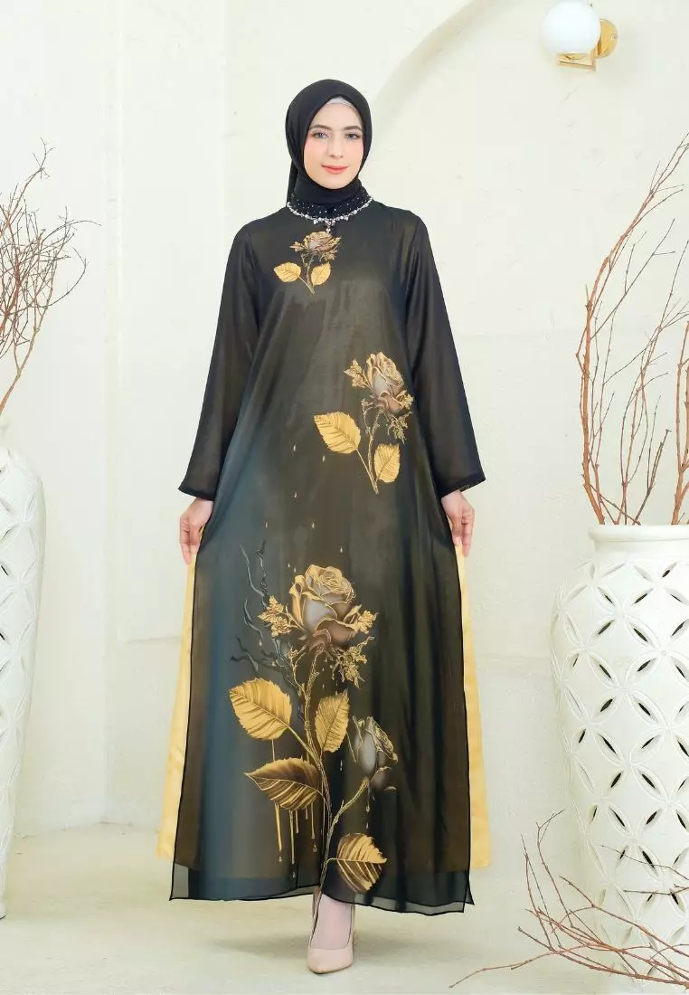 Sifon Mosleem Rose Print With Detail Payet In Black By Brilliant Girl Warna HITAM
