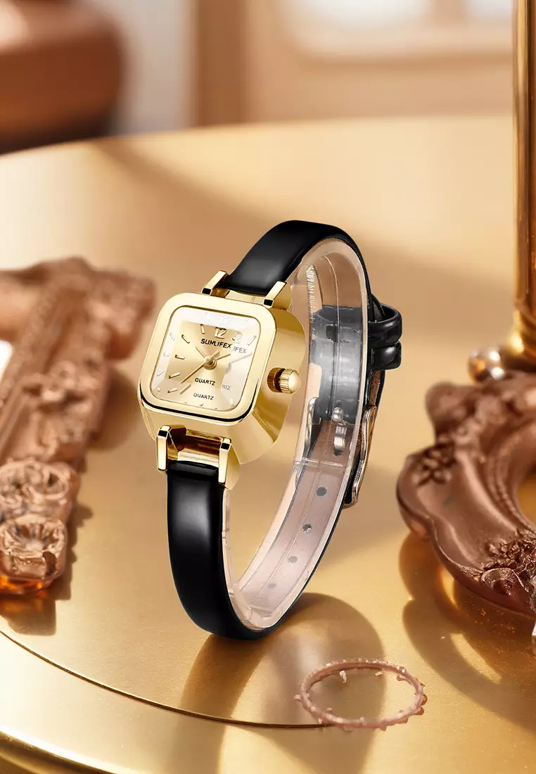 Jam Tangan Wanita 3344 Korea Antik Persegi Mini Tali Kulit Jam Tangan Cewek Original black