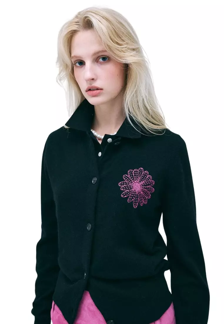 Raccoon Blended Cardigan Round Neck - Black Fuchsia