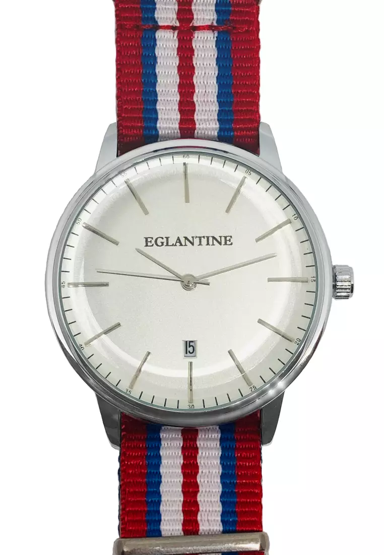 EGLANTINE Paname 40mm Unisex Silver Alloy case Quartz Watch White dial on Red White and Blue NATO Strap