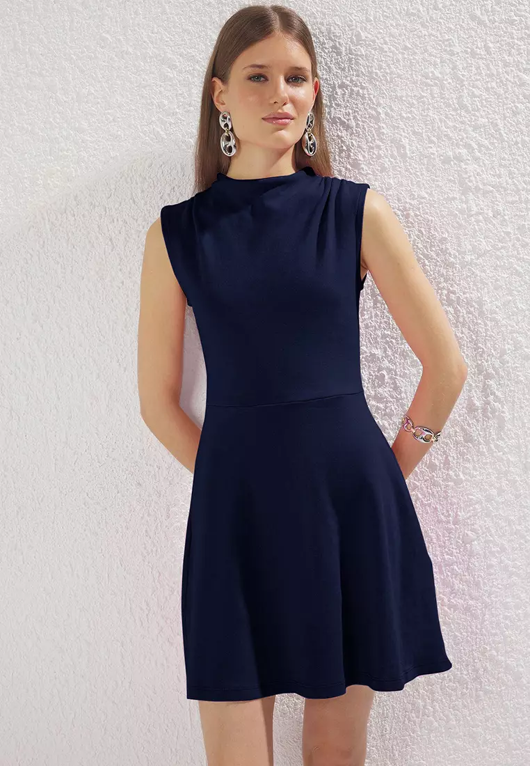Navy Blue Stand Collar Skater/Waist Open Mini Knitted Dress TWOSS25EL00359