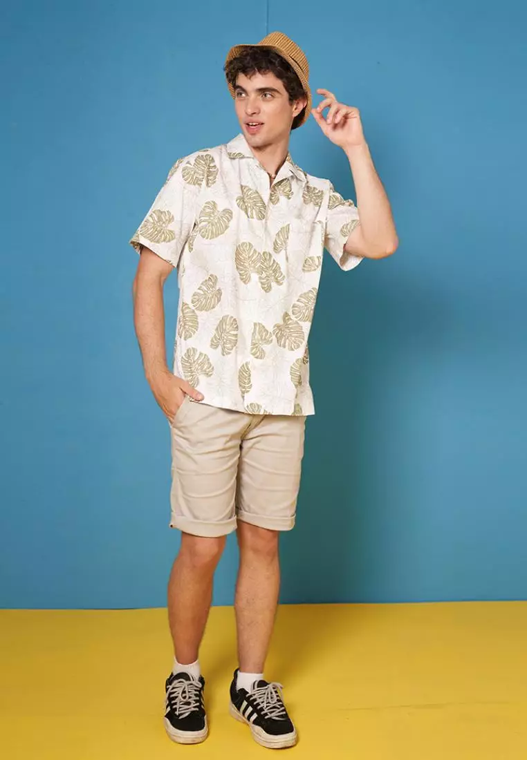 Kemeja Ethan White Lengan Pendek Hawaiian Rouffe Leaf