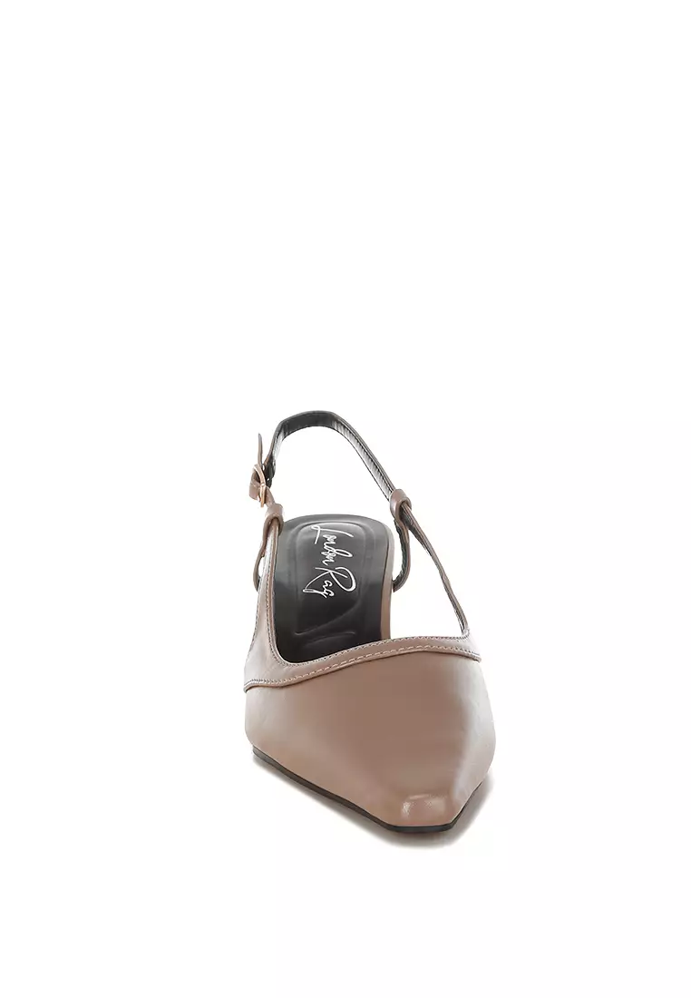 Slingback Pin Buckle Kitten Heels In Taupe