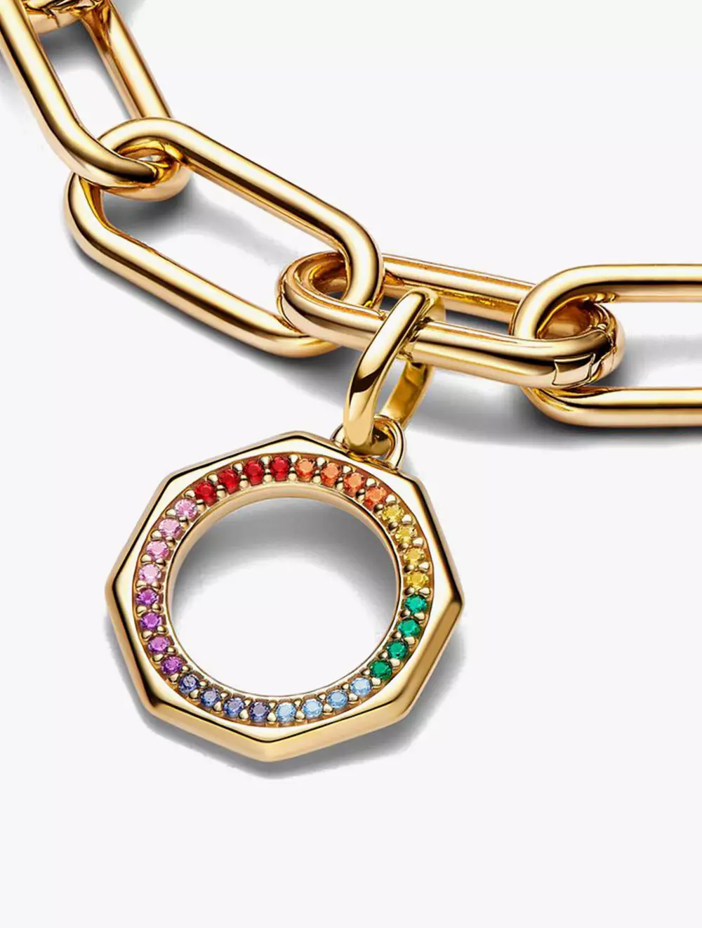 Rainbow sun 14k gold-plated medallion with green, pink, blue, red, purple, orange and yellow crystal