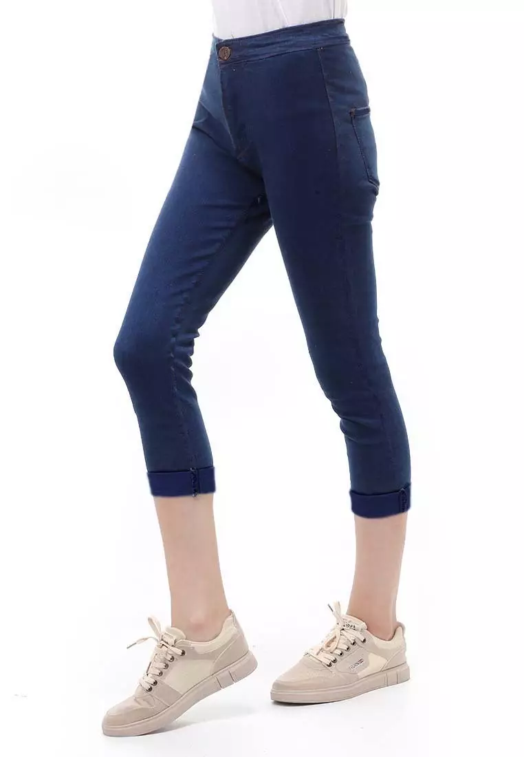Jeans 7/9 Bawahan Wanita High Waist Design Simple Relaxed Fit - Navy