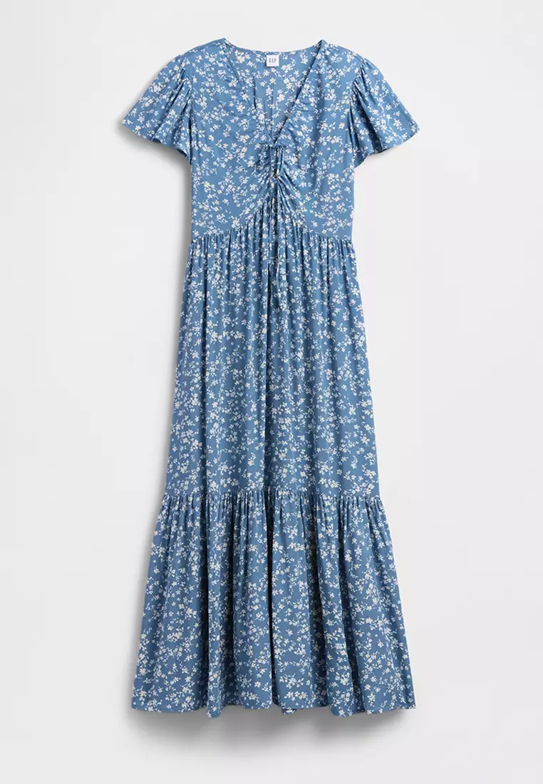 Short Sleeve V-Neck Ruched Maxi Dress