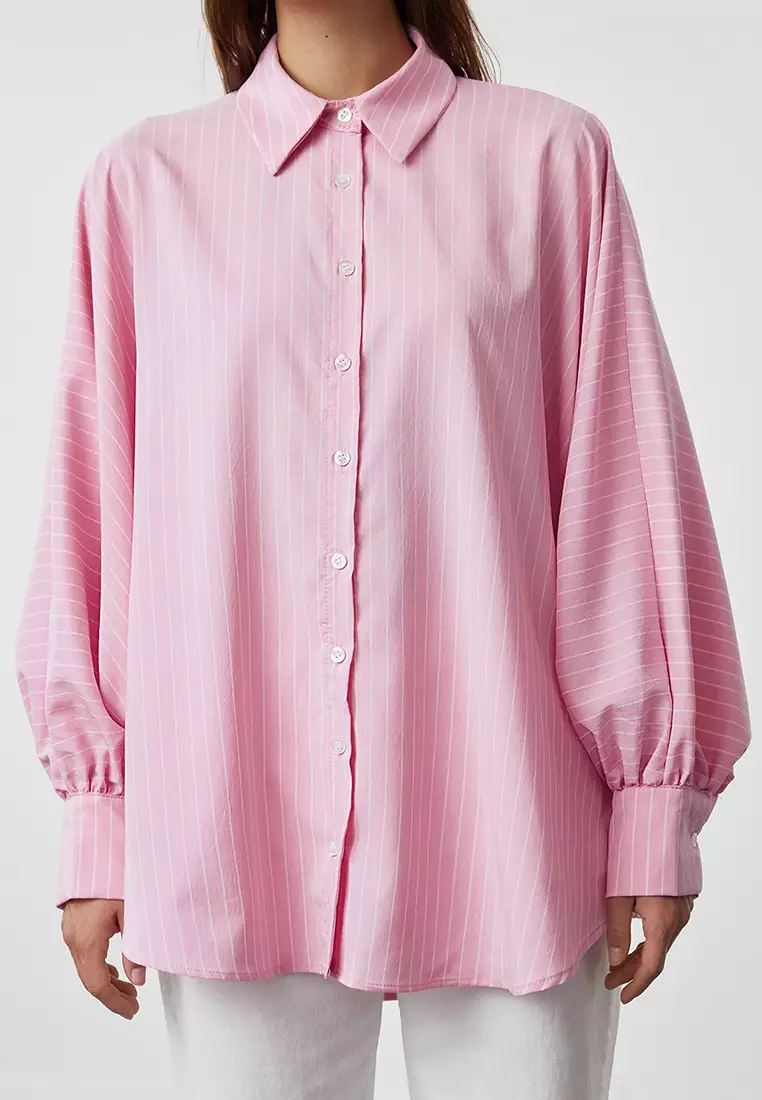 Pink Striped Balloon Sleeve Cotton Woven Shirt TCTSS24TG00072