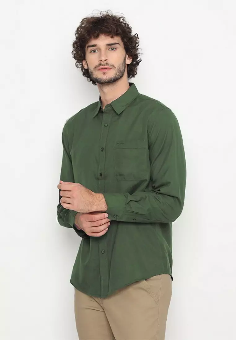 POLICE Kemeja Polos Basic Cotton Soft Olive Tua Regular Fit Lengan Panjang Pria