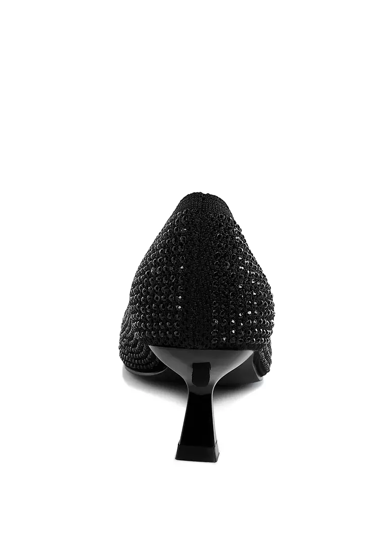 Sepatu Pumps Flyknit Rhinestone Bernapas dalam Warna Hitam