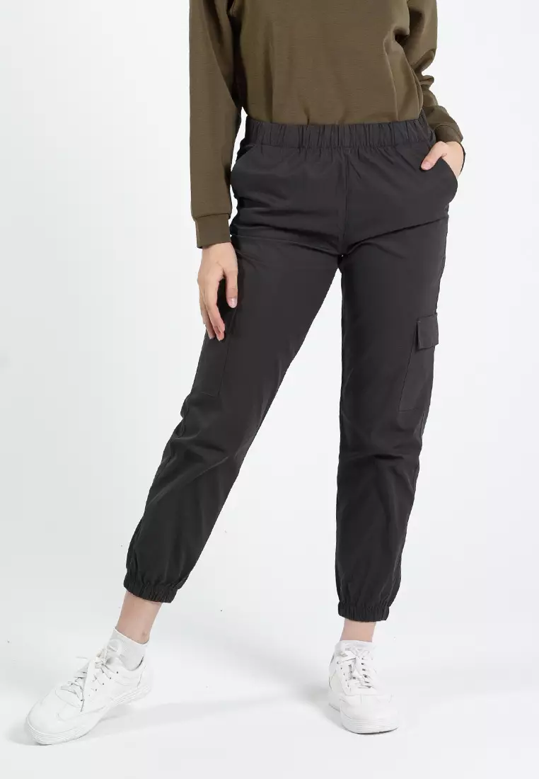 Forest Ladies Polyester Elastic Waisted Cargo Pants Women Casual Jogger Long Pants - 810494-03DkGrey