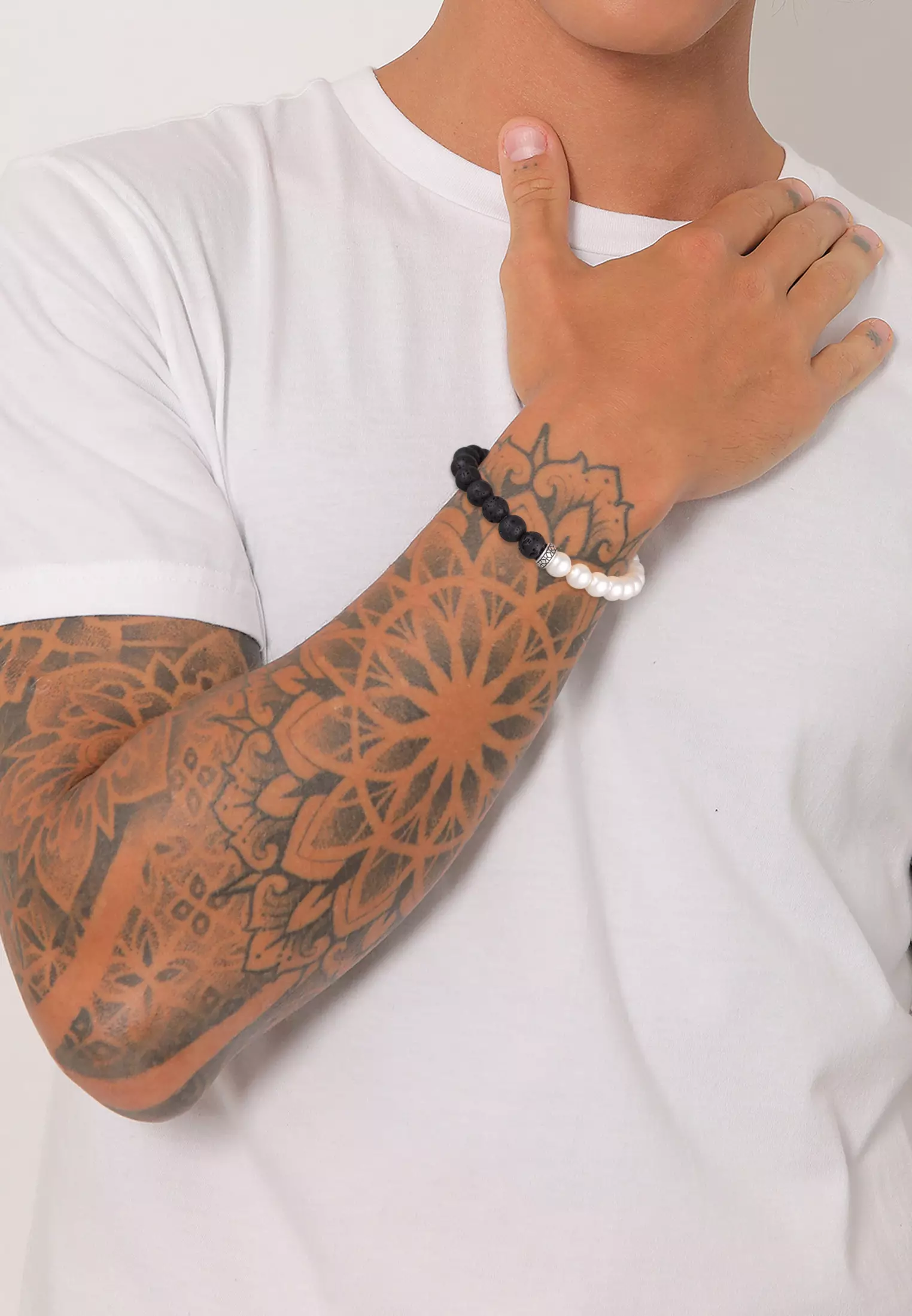 Bracelet Men Lava Beads With Synth. Pearls