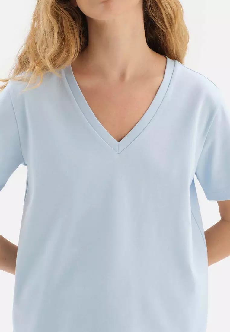 Light Blue Tshirts, V-Neck, Oversize, Short Sleeve Loungewear for Women