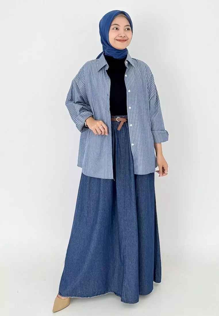 Oversized Cotton Stripe Shirt (Kemeja Katun Wanita) LD 120 cm - Biru Denim