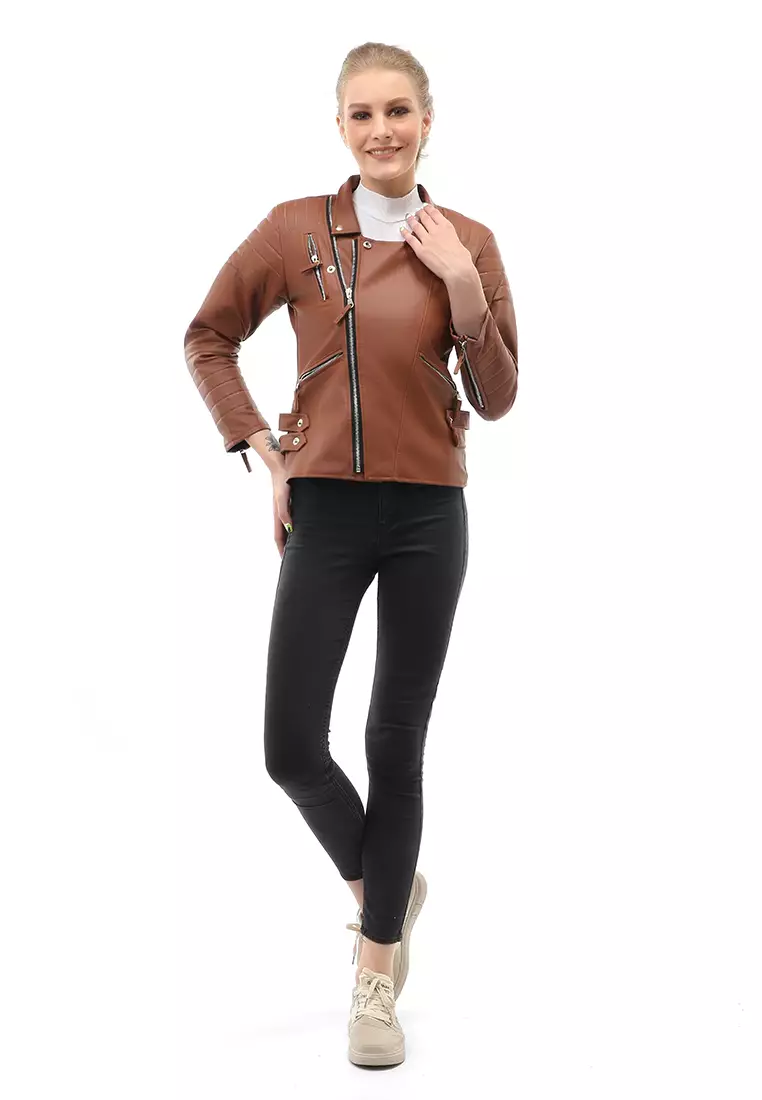 Glenice Jacket Outer Wanita Lengan Panjang Windproof Zipper Pocket Material Leather ORIGINAL - Brown