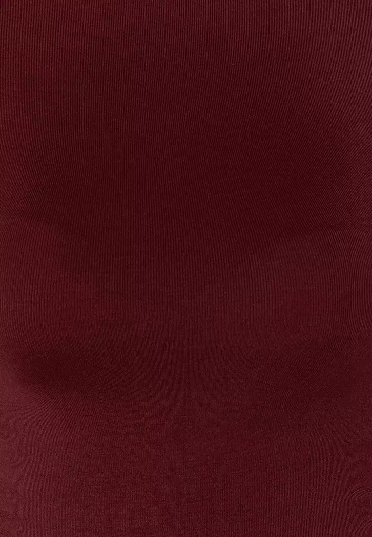 Claret Red Stand Collar Gathered/Drape Detailed Fitted/Body-Sit Asymmetrical Knitted Blouse TWOSS24BZ00534